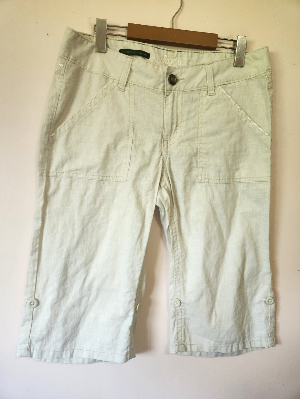 Rock 47 by Wrangler White Linen Cotton Ultra Low Rise Y2K Capri Shorts Size 7/8